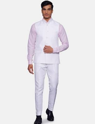 Men white solid bandhgala two-piece formal suit 1