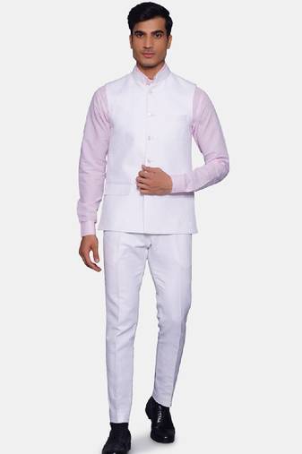Men white solid bandhgala two-piece formal suit