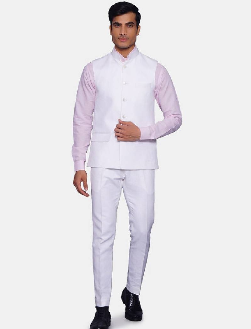 Men white solid bandhgala two-piece formal suit
