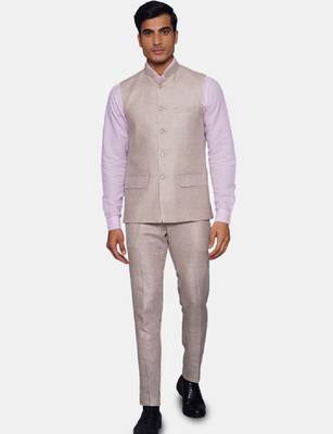 Men cream-coloured solid bandhgala two-piece formal suit 1