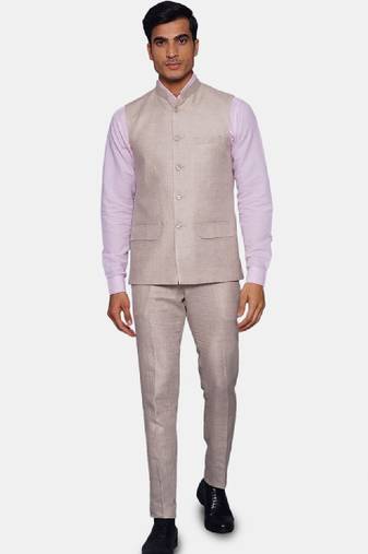 Men cream-coloured solid bandhgala two-piece formal suit