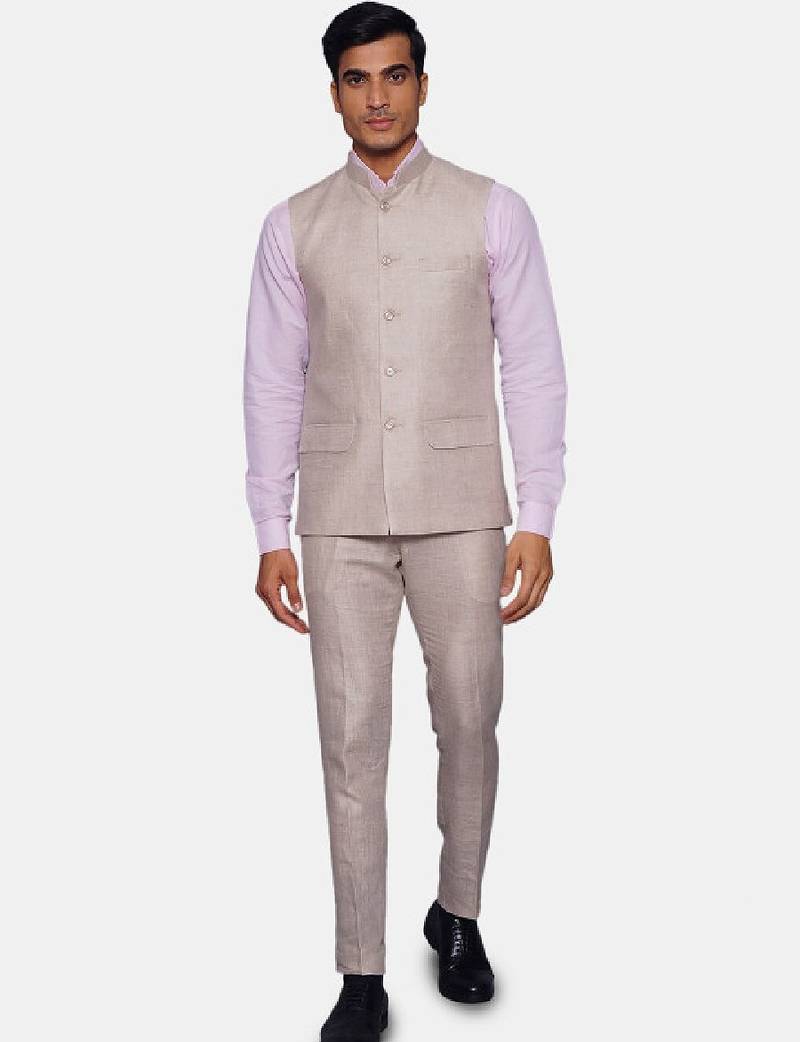 Men cream-coloured solid bandhgala two-piece formal suit