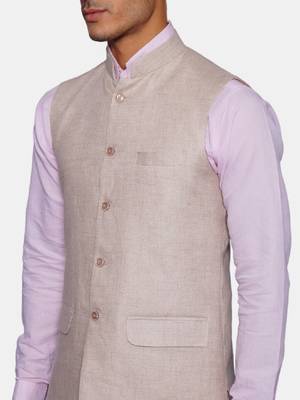 Men cream-coloured solid bandhgala two-piece formal suit 2