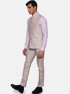 Men cream-coloured solid bandhgala two-piece formal suit 4