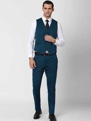 Men green self design slim fit single breasted 3 piece formal suit 1