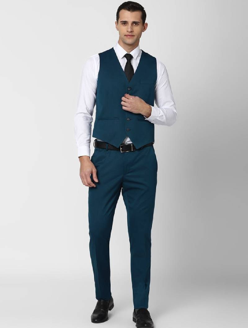 Men green self design slim fit single breasted 3 piece formal suit