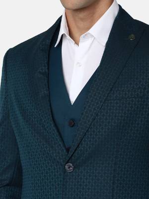 Men green self design slim fit single breasted 3 piece formal suit 2