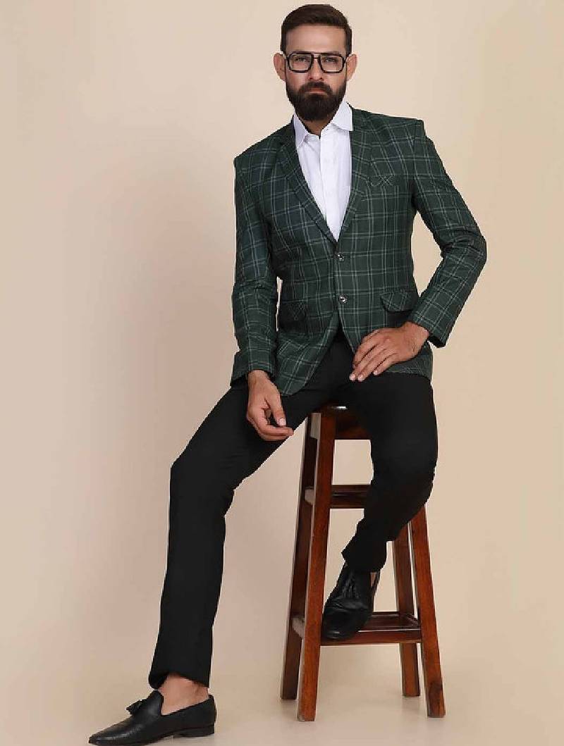 Men green checked single-breasted two-piece suit