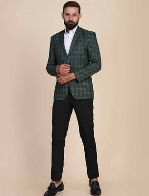 Men green checked single-breasted two-piece suit 2