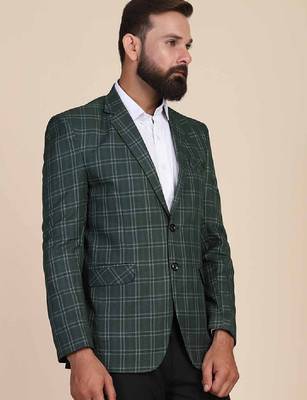 Men green checked single-breasted two-piece suit 4