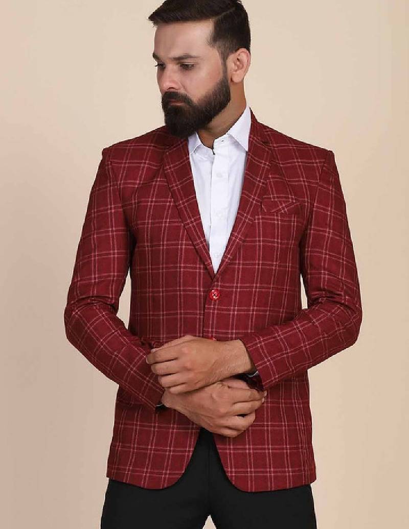 Men maroon checked 2-piece single breasted suit