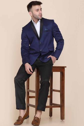 Men blue solid 2 piece tuxedo formal suits
