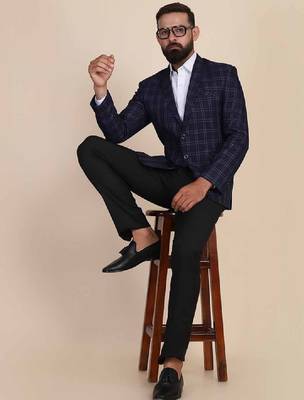 Men blue checked single-breasted two-piece suit 1