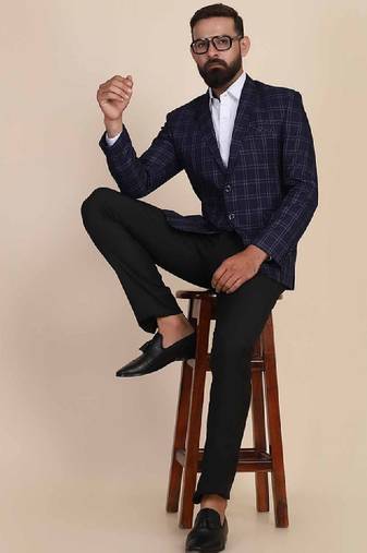 Men blue checked single-breasted two-piece suit