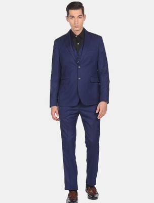 Men navy blue solid regular-fit single-breasted 3-piece formal suit 1