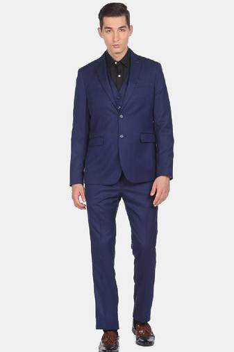 Men navy blue solid regular-fit single-breasted 3-piece formal suit