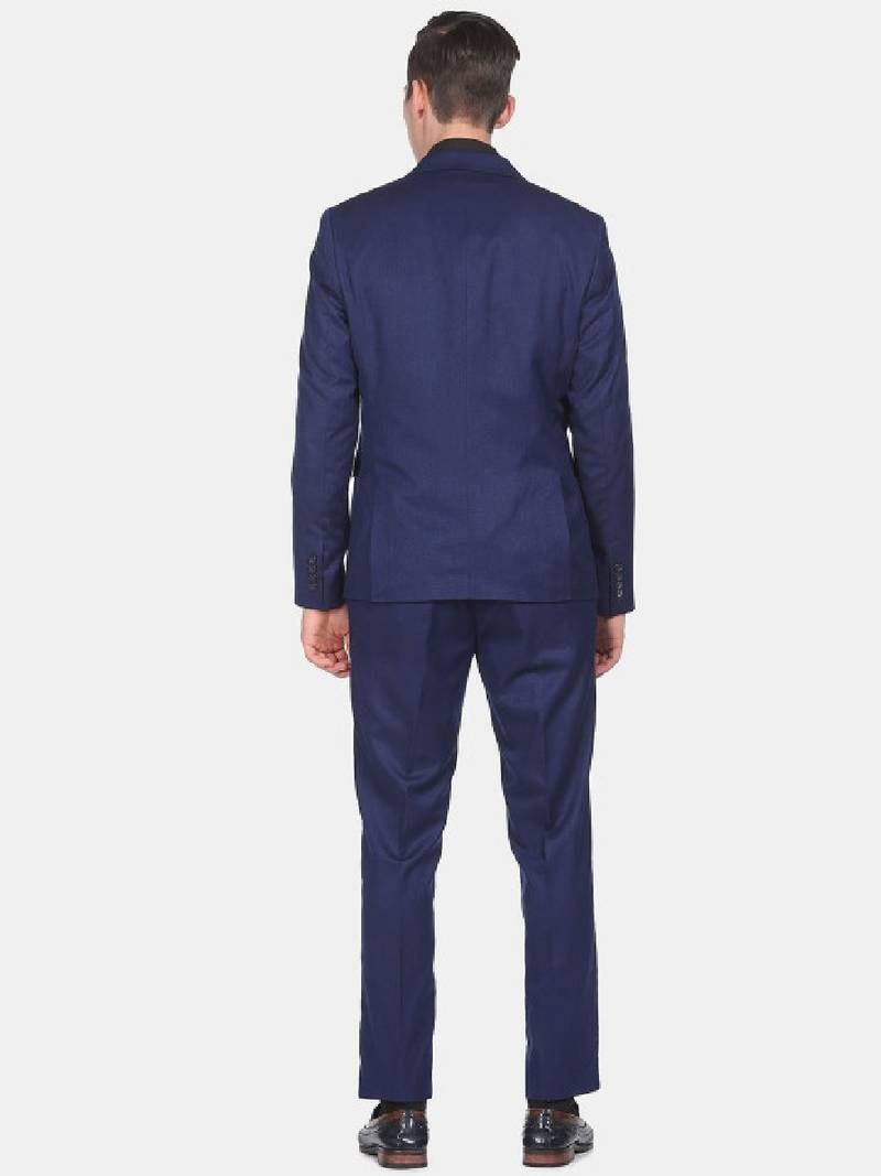 Men navy blue solid regular-fit single-breasted 3-piece formal suit