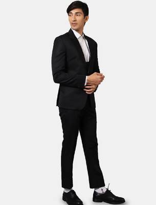 Men black solid single-breasted three-piece tuxedo suit 1