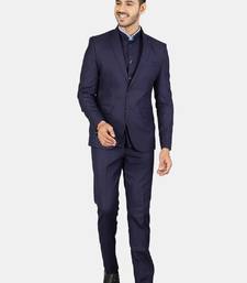 Men blue solid single-breasted 3-piece suit