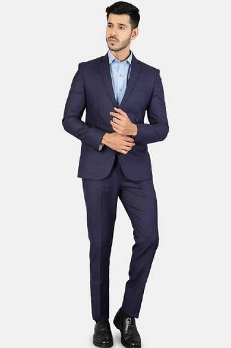Men blue solid single-breasted 3-piece suit