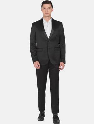 Men black solid single-breasted two-piece suit 1