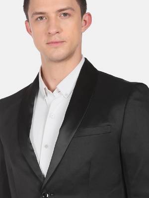 Men black solid single-breasted two-piece suit 2
