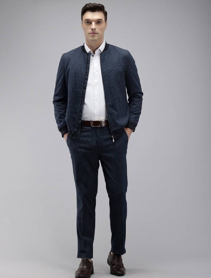 Neo fit striped stand collar formal 2 piece suits
