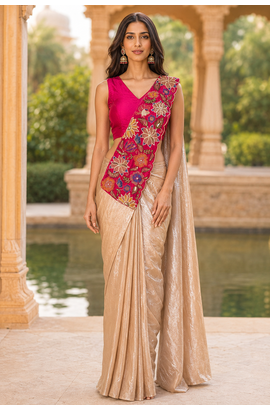 designer fendy silk blend embroidered ready to wear saree with stitched blouse  1