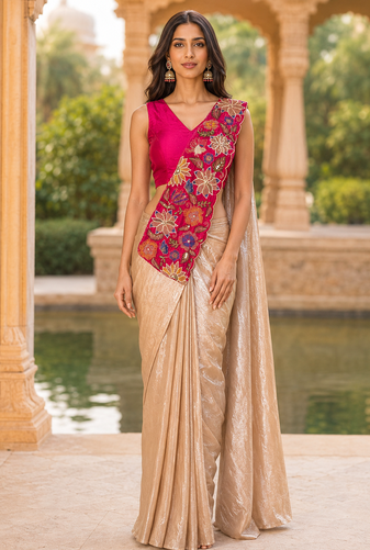 designer fendy silk blend embroidered ready to wear saree with stitched blouse 