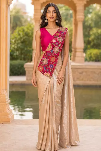 designer fendy silk blend embroidered ready to wear saree with stitched blouse 