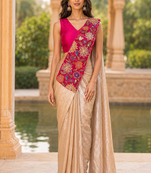 designer fendy silk blend embroidered ready to wear saree with stitched blouse 