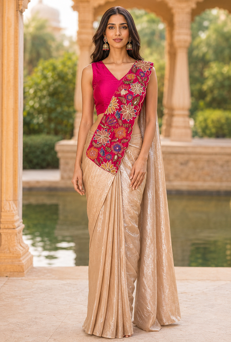 designer fendy silk blend embroidered ready to wear saree with stitched blouse 