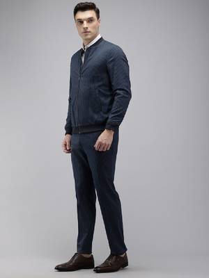 Neo fit striped stand collar formal 2 piece suits 4
