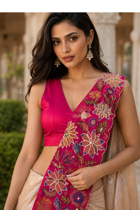 designer fendy silk blend embroidered ready to wear saree with stitched blouse  3