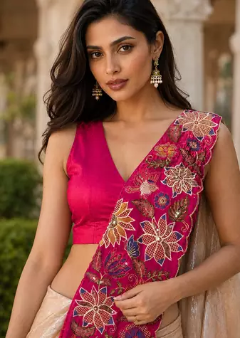 designer fendy silk blend embroidered ready to wear saree with stitched blouse 