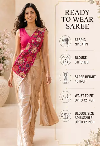 designer fendy silk blend embroidered ready to wear saree with stitched blouse 
