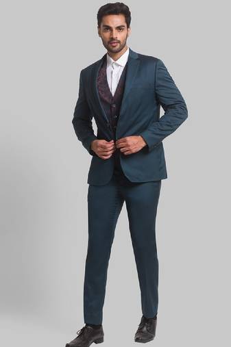 Men self design super slim fit single-breasted three-piece formal suit