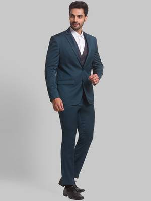 Men self design super slim fit single-breasted three-piece formal suit 3