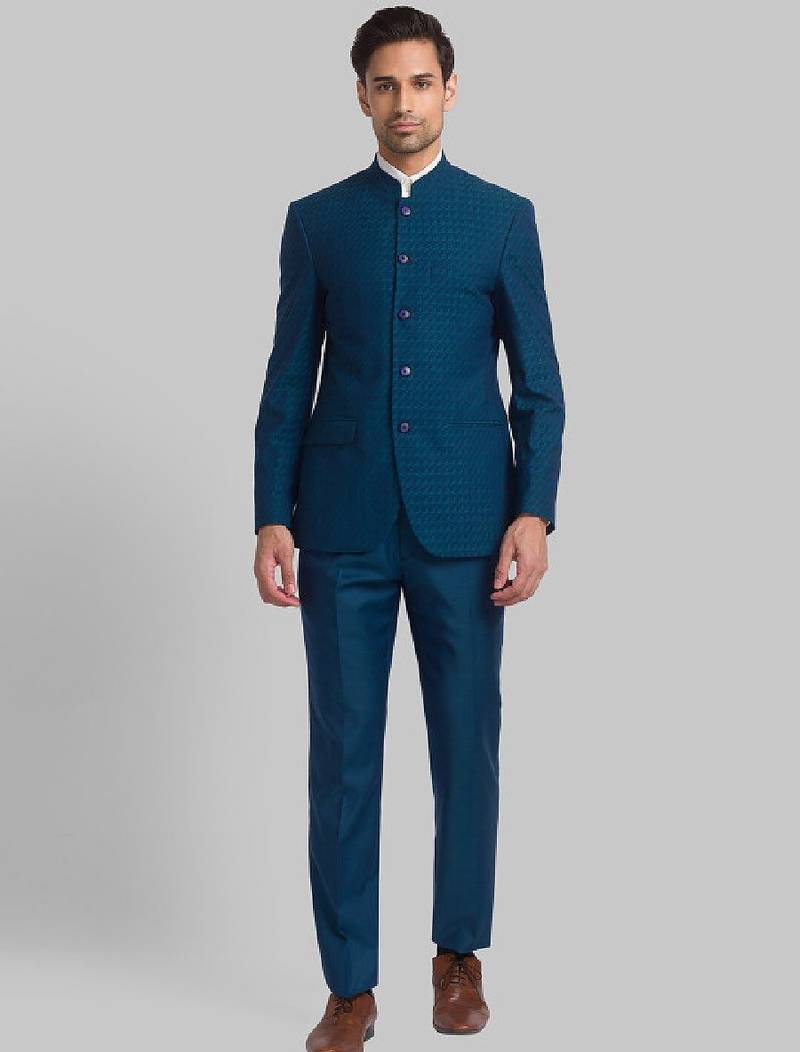 Men woven-designed single-breasted bandhgala blazer two-piece suit