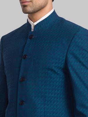 Men woven-designed single-breasted bandhgala blazer two-piece suit 2