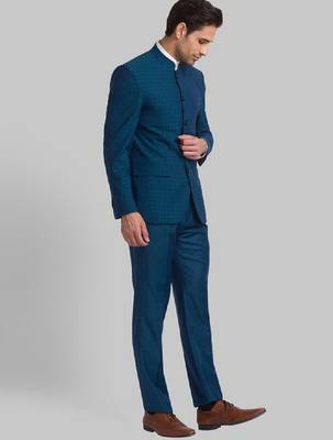 Men woven-designed single-breasted bandhgala blazer two-piece suit 3