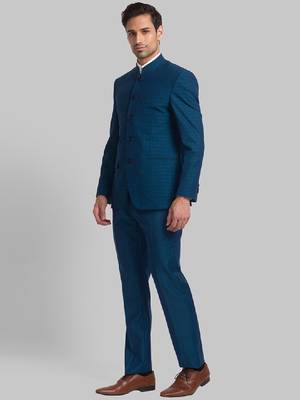 Men woven-designed single-breasted bandhgala blazer two-piece suit 4