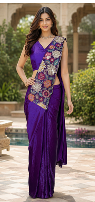 designer fendy silk blend embroidered ready to wear saree with stitched blouse  1