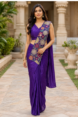 designer fendy silk blend embroidered ready to wear saree with stitched blouse  2