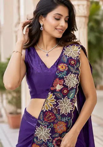 designer fendy silk blend embroidered ready to wear saree with stitched blouse 