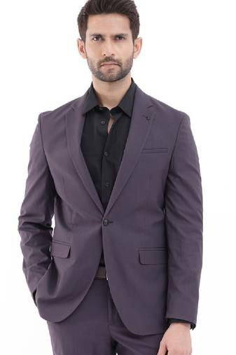 Men purple plain full sleeve lapel neck tailored fit suits
