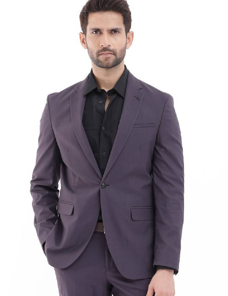 Men purple plain full sleeve lapel neck tailored fit suits