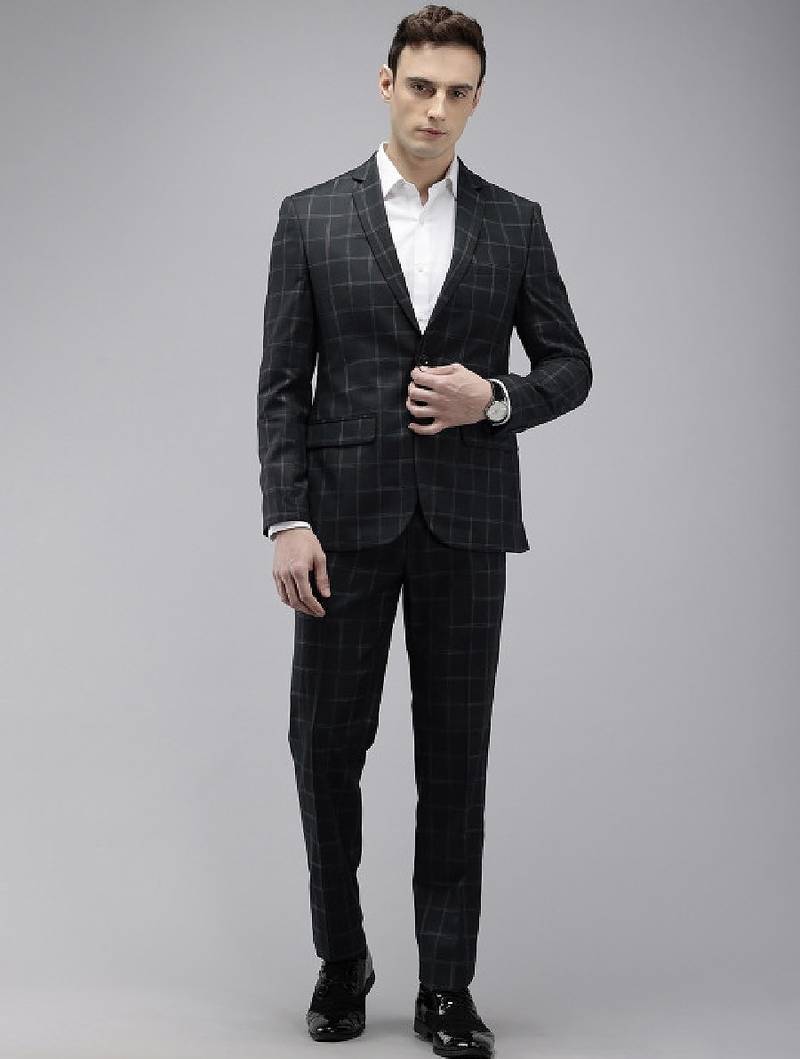 Checked notched lapel single-breasted formal 2 piece suits
