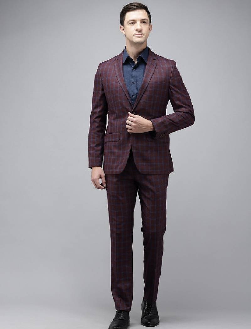 Checked super slim fit notched lapel collar 2 piece formal suit