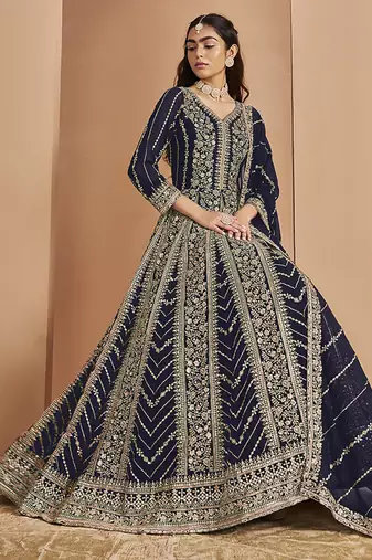 Embroidered navy blue faux georgette anarkali suit